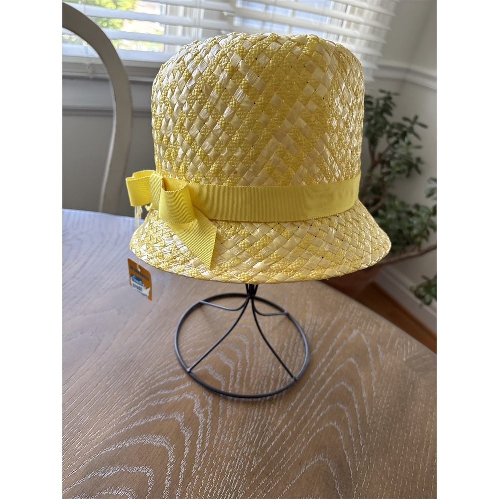 Vintage Grants Yellow Straw Cloche Hat‎ Woven Bow Bucket Hat Union Made USA NWT